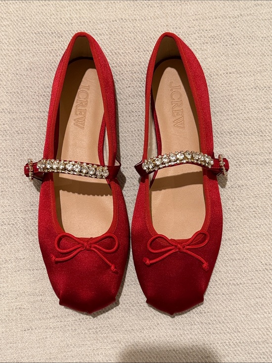 J. Crew Shoes - J. Crew Red Satin Mary Jane Flats with Crystal Strap and Bow - size 8.5